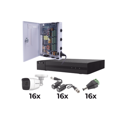KIT TurboHD 1080p / DVR 16 Canales / 16 Cámaras Bala Policarbonato con Microfono (exterior 2.8 mm) / Transceptores / Conectores / Fuente de Poder Profesional